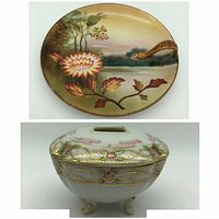 Top and side views of Nippon decorative dish and four-footed hair receiver with lid, showing landscape and floral hand paint, gold accents, and decorative handle on dish.