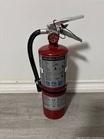 Front view of the fire extinguisher showing the pressure gauge, hose, safety pin, and instructions label.