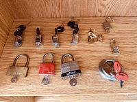 All 11 locks arranged on wooden shelf, showing variety of sizes and paired keys.