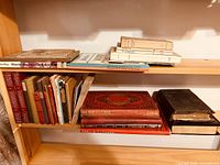 Photo of a shelf holding multiple vintage books in French and English, assorted sizes and conditions.