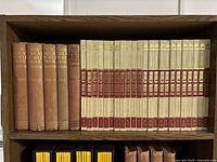 Shelf with five volumes of The Great World War and a full set of World War II Encyclopedias.
