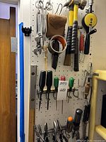 Pegboard displaying adjustable wrenches, leather pouch, hammers, mallet, tape measures and box cutter