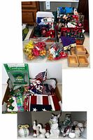 Wide view of assorted gift bags, holiday ribbons, bows, and small home decor items arranged on a table.