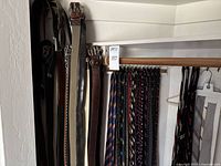 Closet view showing a variety of men's belts hanging vertically on the left side and men's ties hanging on the right side on a closet rod.