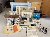 Overview of all items including prints, ephemera, glassware, and accessories