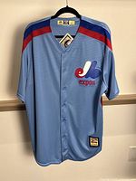 Front view of light blue Montreal Expos jersey with MLB and Majestic tags visible, showing button closure and Expos logo.