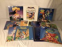 Group photo of 12 assorted Disney LaserDiscs including Pocahontas, Snow White Deluxe Edition, Toy Story, The Little Mermaid, among others laid out on white fabric.