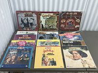 Full lot of 11 vintage comedy LaserDiscs arranged on floor showing front covers including Monty Python and the Holy Grail, I Love Lucy, City Lights, and more.