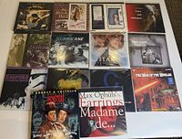 Top view of entire lot showing 16 LaserDisc covers arranged in a 4x4 grid, titles visible on covers including The Bicycle Thief, Cries and Whispers, Titanic, Empire Strikes Back, and others.