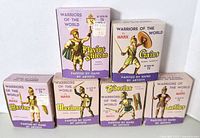 Front view of six Marx Warriors of the World original boxes, each showing the figure name and illustration.