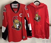 Front view of red Ottawa Senators jersey with Alfredsson #11 and red hoodie with Senators logo hanging on hangers.