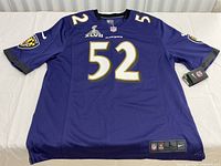 Front view of purple Baltimore Ravens NFL jersey with number 52 and Super Bowl XLVII patch.