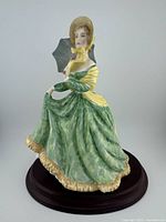 Front and side view of Royal Doulton Elizabeth figurine in green dress, bonnet, holding fan and parasol, displayed on wooden base.