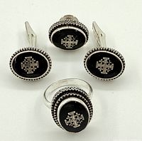 Sterling silver Jerusalem Cross cufflinks and tie pin with black onyx and detailed silver beading