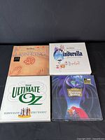 Top view of four vintage Deluxe Edition LaserDiscs with covers: The Lion King, Cinderella, The Ultimate Oz, and Sleeping Beauty, all showing consistent wear.