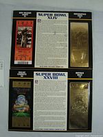 Front side of card showing Super Bowl XLIV ticket reproduction with score and textual description, with gold foil embossed ticket image alongside.