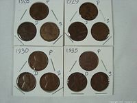 Four sets of Lincoln Wheat Pennies dated 1920, 1929, 1930, and 1935 each containing Philadelphia (P), Denver (D), and San Francisco (S) mint marks.