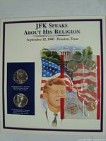Full display panel titled 'JFK Speaks About His Religion,' dated September 12, 1960, Houston, Texas. Contains two uncirculated half dollars and additional coins with a vintage stamp and patriotic imagery.