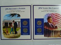 Two JFK commemorative half-dollar panels side by side showing event titles, artwork, and uncirculated coins encased alongside descriptive text.