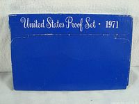 Blue cardboard box labeled 'United States Proof Set 1971' showing shelf wear.