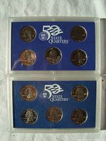 Two Proof coin sets from the US Mint, each in original packaging with blue background bearing '50 State Quarters' logo and Treasury seal. The top set contains 5 quarters, the bottom 4 quarters.