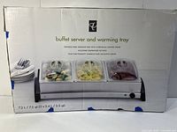 Box front showing image of the buffet server and warming tray with three stainless steel inserts and clear lids.