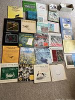 Overview of 16 vinyl record sleeves arranged on carpet showing titles including Wolves, Insects, Bird Songs