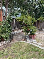 Full view of black metal garden arbor with climbing ivy and pink flowers, situated on stone and brick paved garden area near wooden fence.