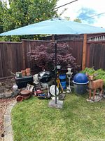 Photo showing entire lot outdoors with umbrella, grill, pots, fans, charcoal, and decorative deer.