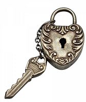 Front view of heart-shaped padlock charm with ornate scrollwork surrounding keyhole and attached key charm.