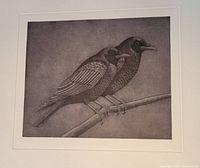 Full view of the silk screen print showing two birds on a branch in monochrome tones.