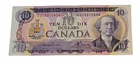 Front of the 1971 Canadian ten dollar bill showing Sir John A. Macdonald's portrait, serial number, coat of arms, and denomination in English and French.