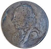 Obverse side of the coin showing a bust of King George III with wear and oxidation.