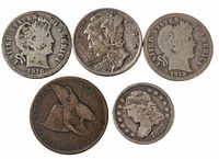 Front and back views of all five vintage American coins including 1916 and 1912 Barber dimes, 1941 Mercury dime, 1857 and 1833 one cent coins.