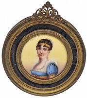 Front view of the framed hand-painted miniature portrait of a woman.