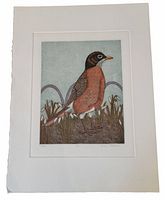 Color silk screen print of a robin bird with full color details on textured paper with deckle edges, signed and numbered by artist.