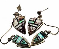Top view showing both pairs of earrings: one pair with white and maroon agate base with opal and onyx stripes, and a smaller pair with turquoise and opal inlay.