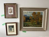 Three framed artworks displayed on wall: top right Clare Bice oil painting, top left botanical card, bottom left Paul Peel print