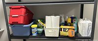 Full view of cleaning supplies arranged on shelving including buckets, OxiClean, paper towels, and other cleaning products