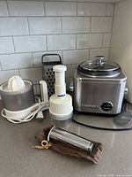Full view of lot showing Cuisinart rice cooker, Moulinex juicer, Zyliss chopper, box grater and antique hand grater with pouch