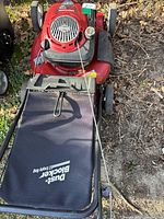 Top view of Craftsman lawn mower showing Briggs & Stratton 190cc engine, red deck, and black Dust Blocker grass catcher bag