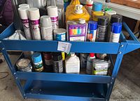 Overall shot of blue utility cart loaded with various chemicals
