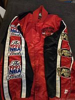 Front and sleeves of Chicago Bulls starter jacket with NBA Finals patches