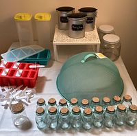 Full lot on white table showing all items: popsicle molds, spice jars, metal canisters, food storage jars, plastic containers, and green mesh cover.