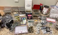 Full overview of all screws, nuts, bolts, hinges, fasteners, and tools included in the lot