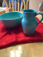 Photo showing aqua coloured porcelain bowl and matching pitcher on red cloth, placed on wood dining table.