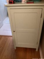 Front view of the vintage jelly cabinet showing the single door with replaced hardware.