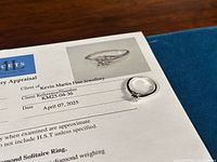 Ring on jewellery appraisal certificate with printed photo of ring