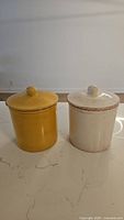 Photo of the two ceramic cookie jars side by side with lids on, showing overall shape and color.