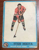 Front of the 1962-63 Topps hockey card showing Stan Mikita in Chicago Black Hawks uniform.